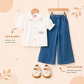 Girls White Puff Sleeve Shirt & Denim Wide Leg Pants Set