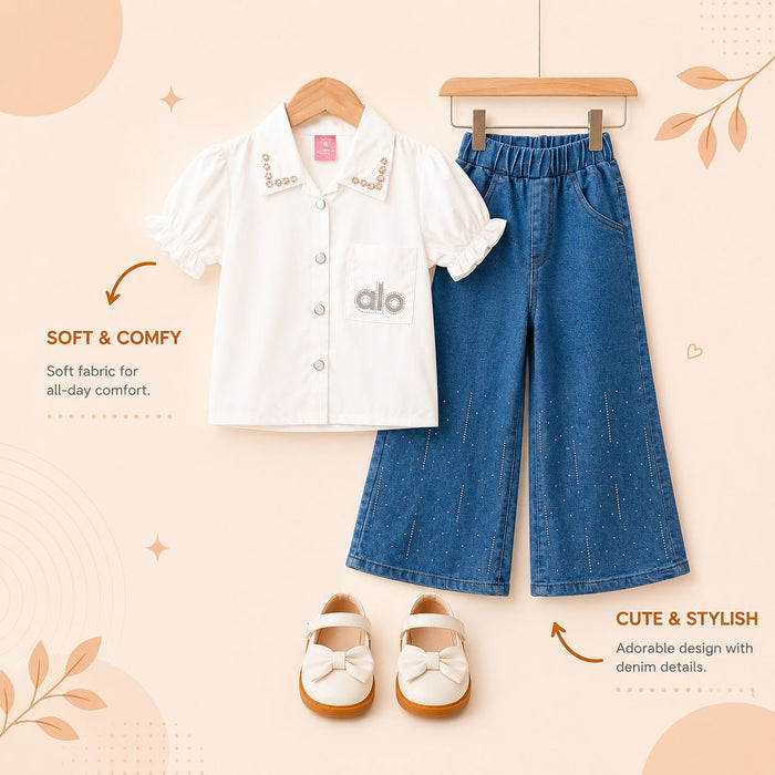 Girls White Puff Sleeve Shirt & Denim Wide Leg Pants Set