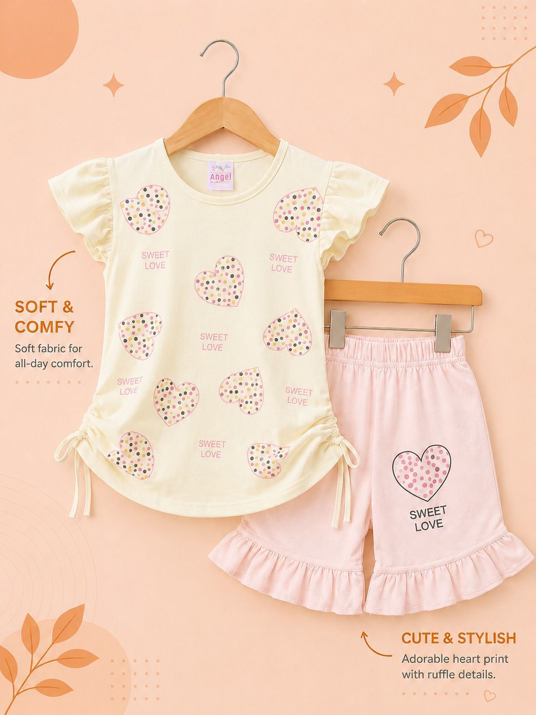 Girls Heart Print Ruffle Top & Shorts Co-Ord Set – Soft Summer Outfit