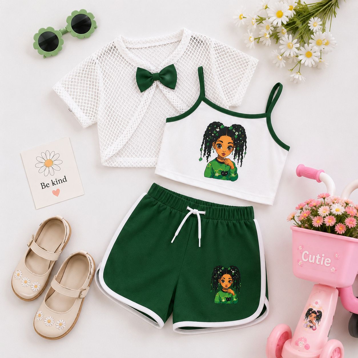 Girls Green 3-Piece Mesh Bow Top, Cami & Shorts Set