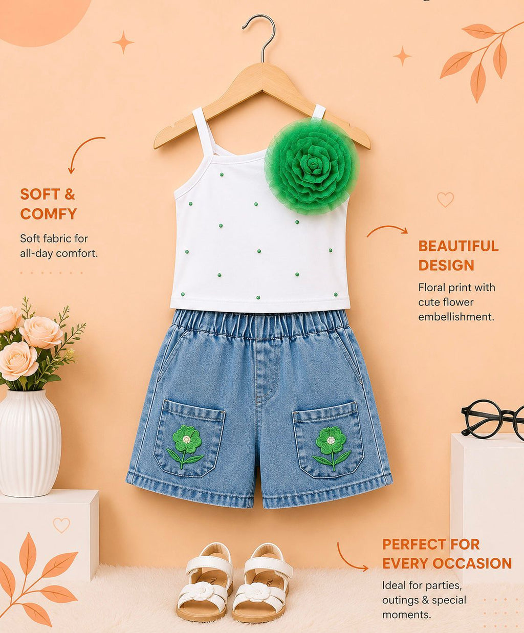 Girls White Floral Top & Denim Shorts 2-Piece Summer Outfit