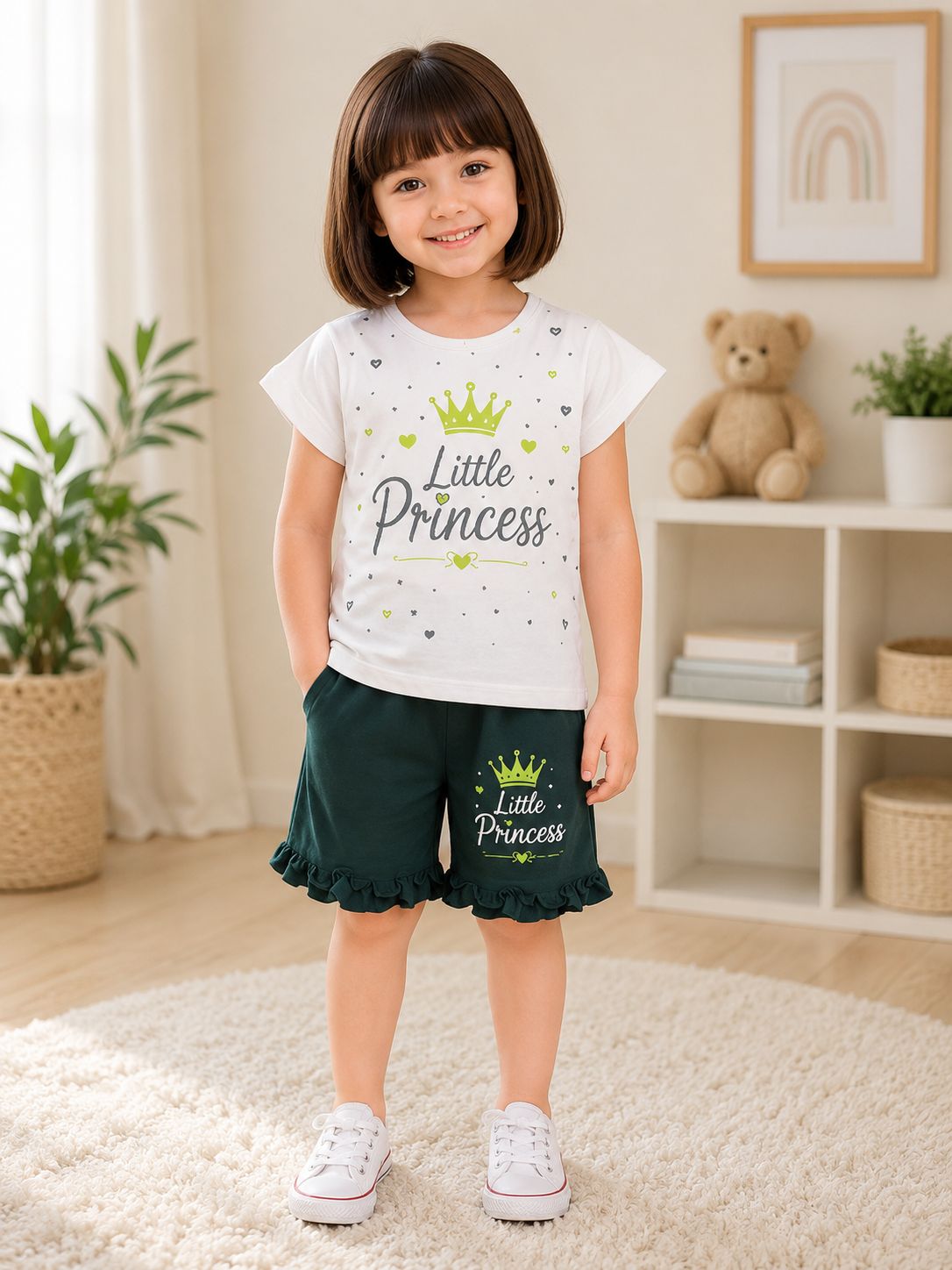 Little Princess Girls Cotton T-Shirt & Ruffle Shorts Co-Ord Set