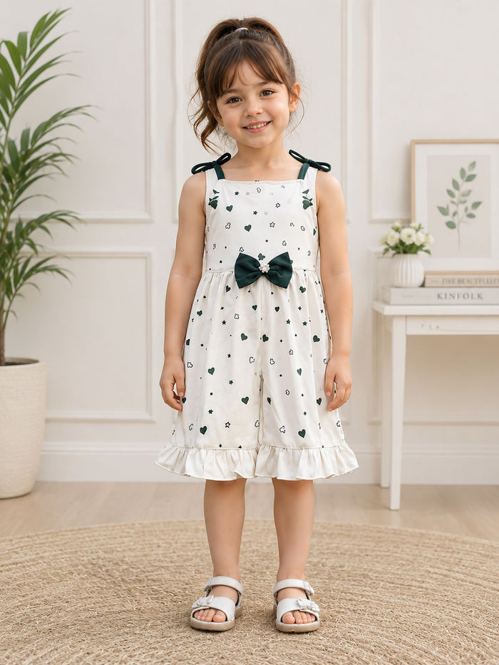 Girls Heart Print Bow Summer Dress – White & Green