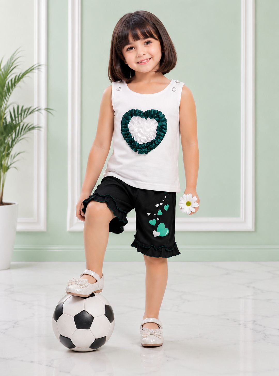 Girls Heart Appliqué Cotton T-Shirt & Ruffle Shorts Co-Ord Set