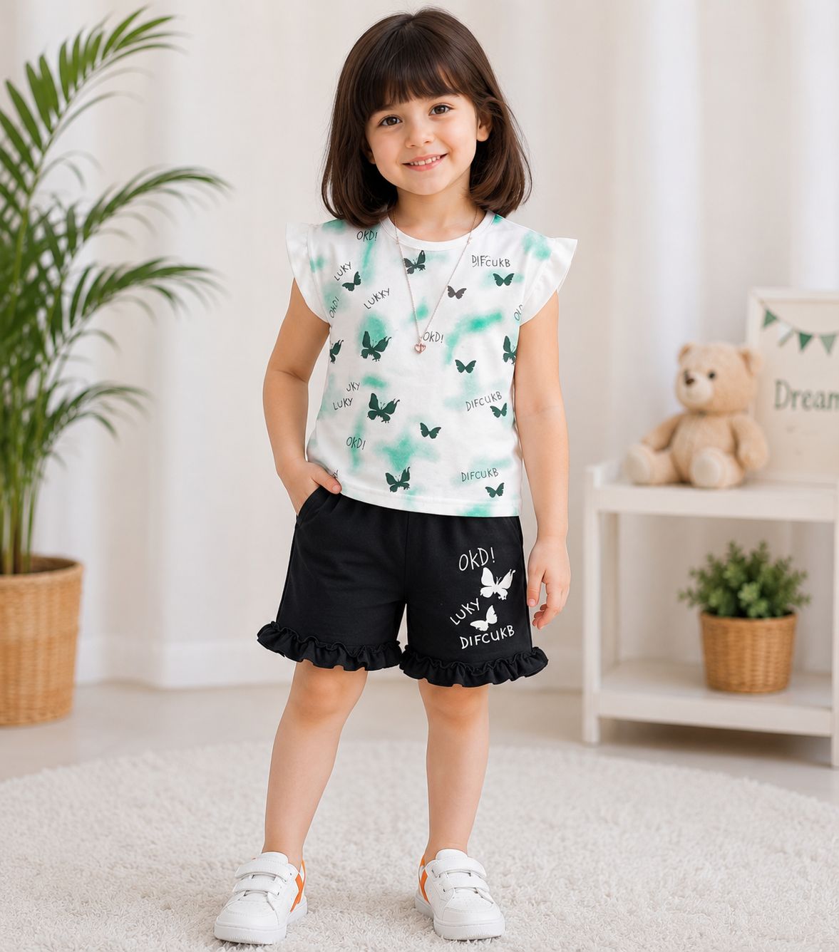 Girls Butterfly Print Cotton T-Shirt & Ruffle Shorts Co-Ord Set