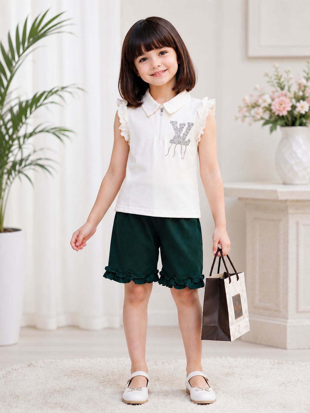 Girls Ruffle Collar Cotton T-Shirt & Ruffle Shorts Co-Ord Set