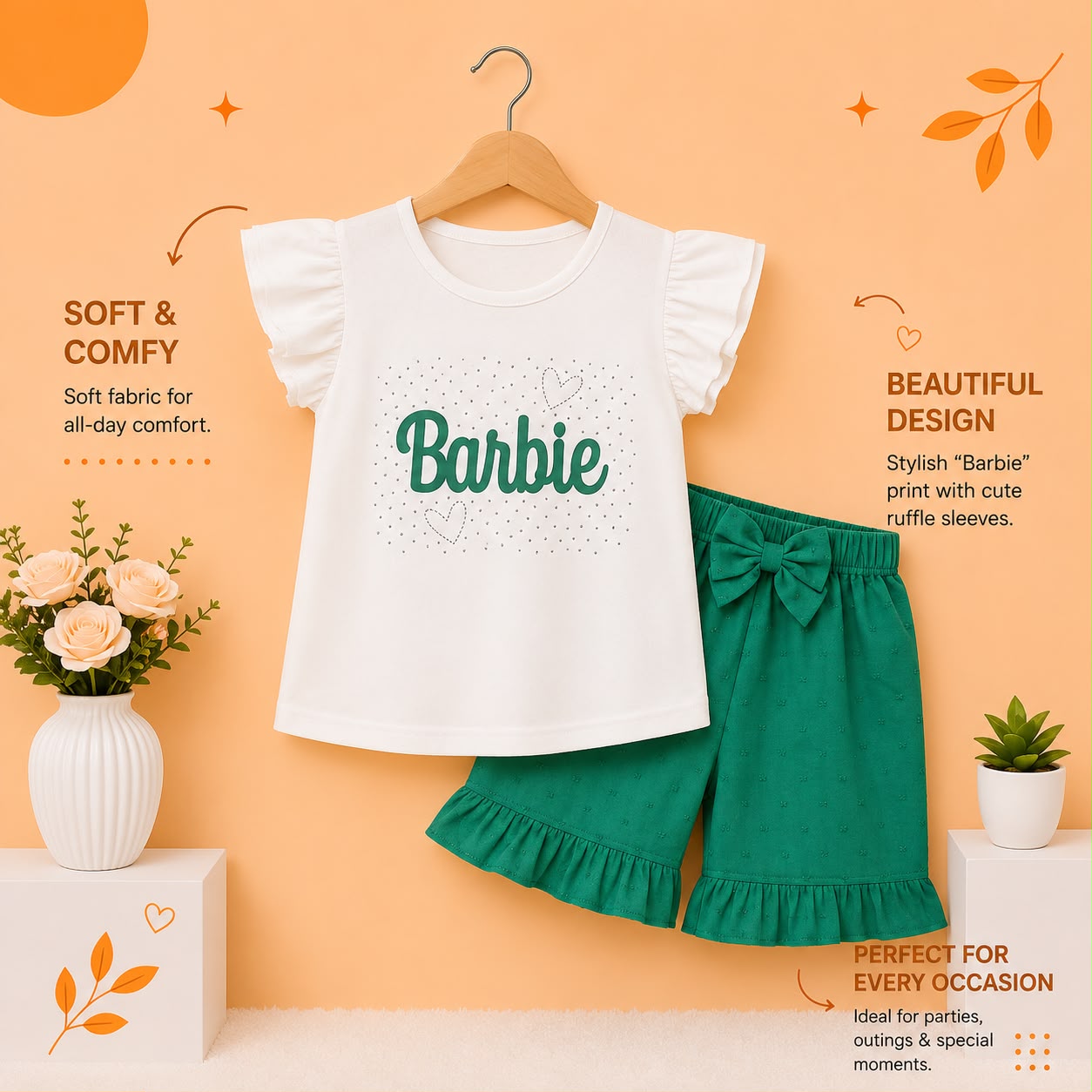 Girls Barbie Cotton T-Shirt & Bow Ruffle Shorts Co-Ord Set
