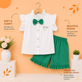 Girls Elegant Bow Collar Cotton Shirt & Ruffle Shorts Co-Ord Set