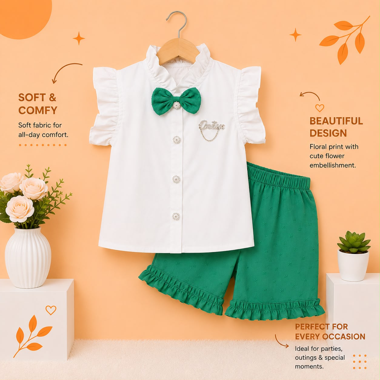 Girls Elegant Bow Collar Cotton Shirt & Ruffle Shorts Co-Ord Set