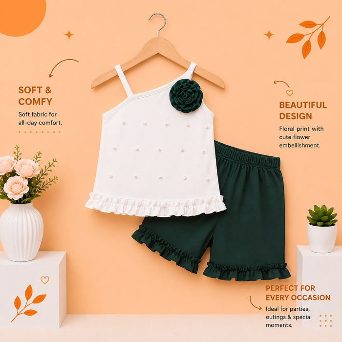 Girls Pearl One-Shoulder Cotton Top & Ruffle Shorts Co-Ord Set