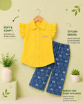 Girls Yellow Flutter Sleeve Top & Printed Denim Pants Co-Ord Set