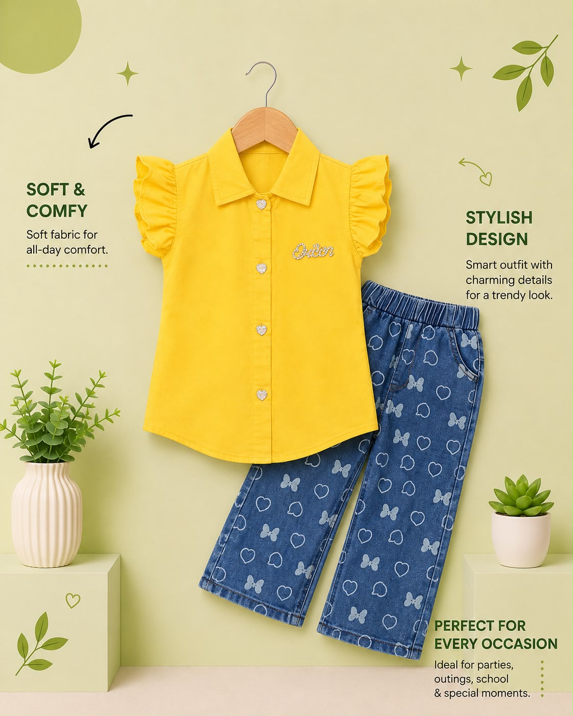 Girls Yellow Flutter Sleeve Top & Printed Denim Pants Co-Ord Set