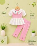 Girls Pink Floral Collar Co-Ord Set – Puff Sleeve Top & Ribbed Pants