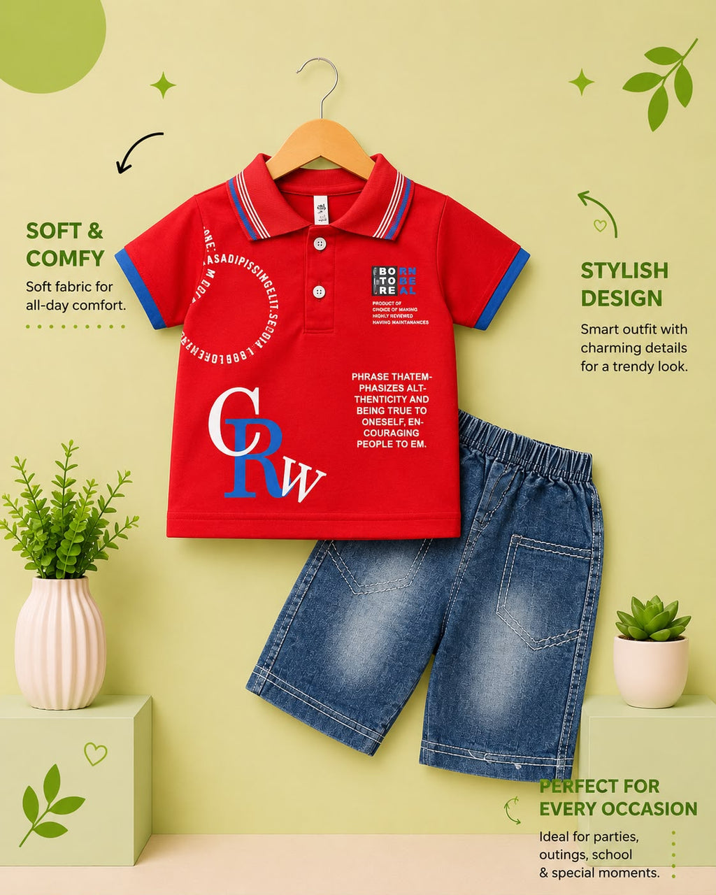 Born To Be Real Kids Polo T-Shirt & Denim Shorts 2-Piece Summer Outfit Set (Blue & Red)