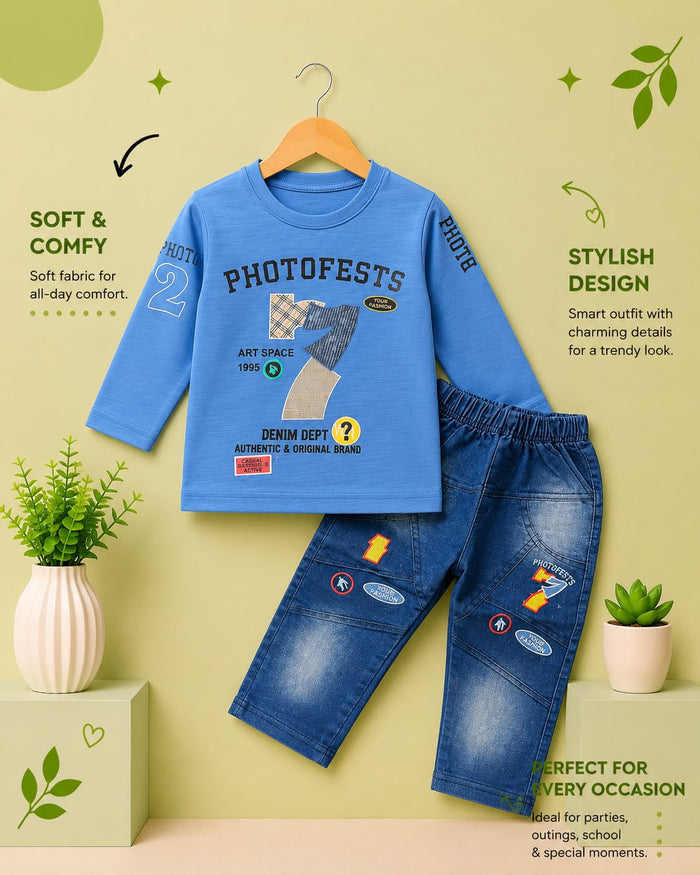 Kids PhotoFests Full Sleeve T-Shirt & Denim Pants 2-Piece Outfit Set