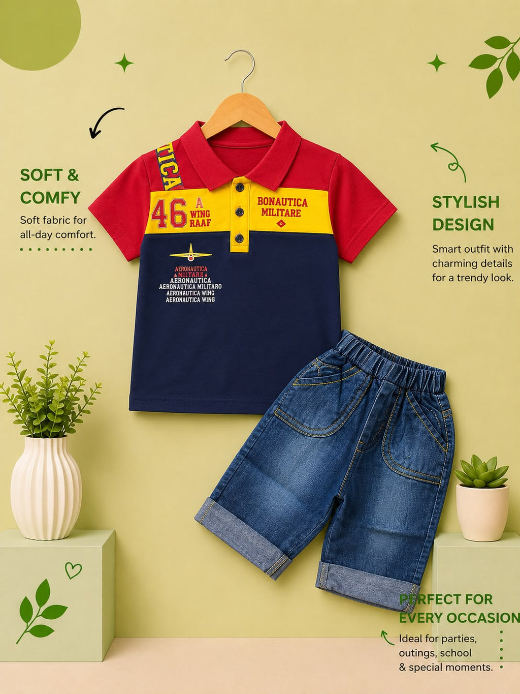 Kids Color Block Polo T-Shirt & Denim Shorts 2-Piece Outfit Set