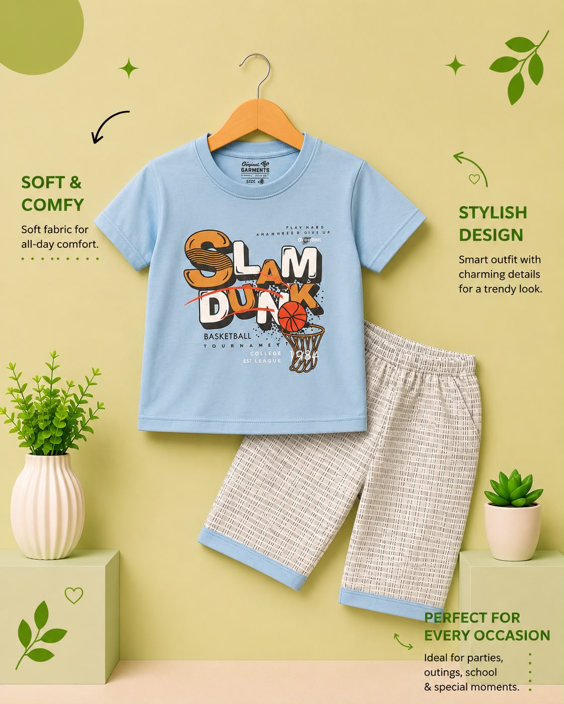 Kids Slam Dunk Printed T-Shirt & Shorts 2-Piece Summer Outfit Set