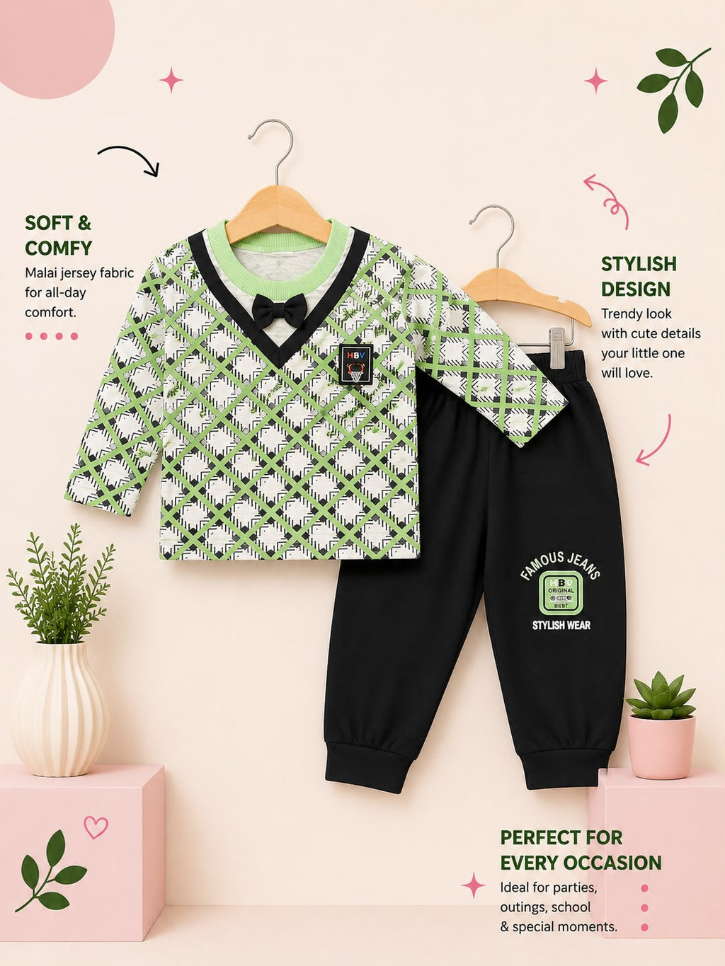 Premium Boys 2 Piece Printed Winter Tracksuit Set with Bow Tie – Soft Malai Jersey