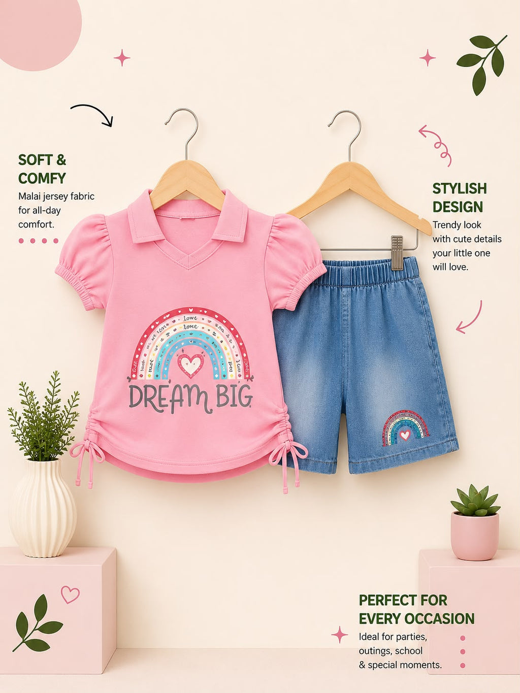 Premium Girls Dream Big 2 Piece T-Shirt & Denim Shorts Set