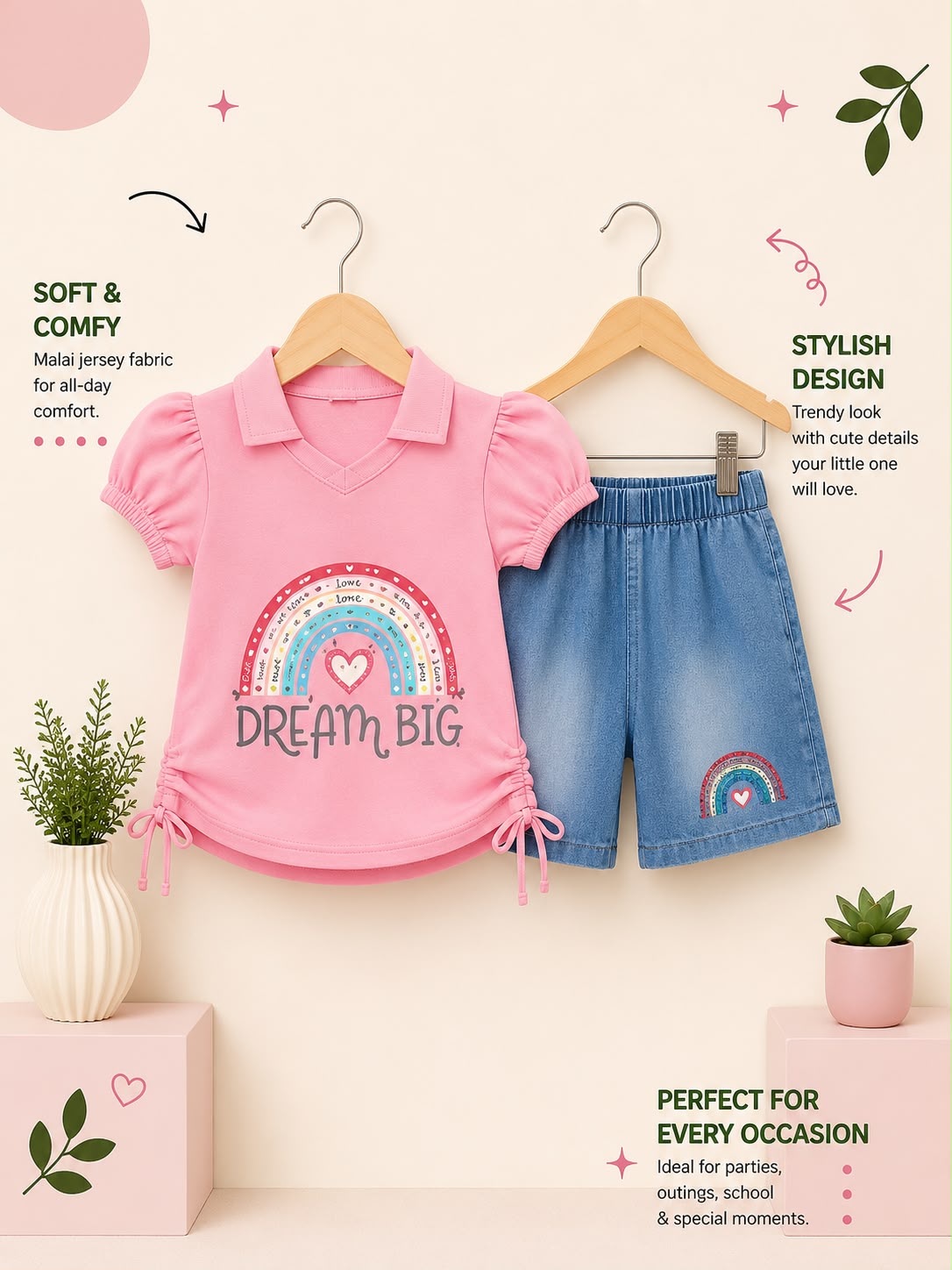 Premium Girls Dream Big 2 Piece T-Shirt & Denim Shorts Set