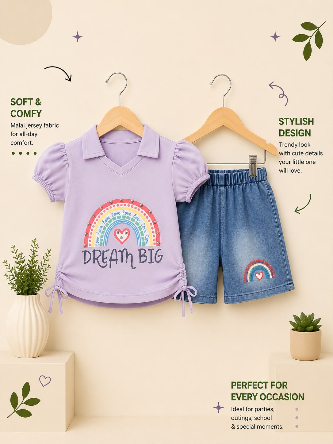 Premium Girls Dream Big 2 Piece T-Shirt & Denim Shorts Set