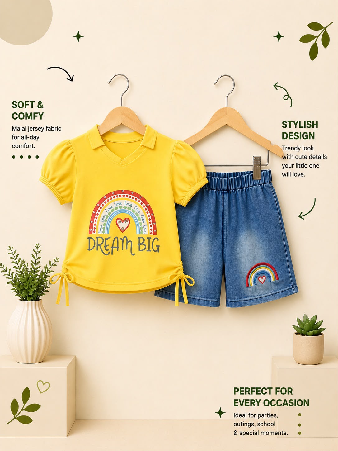 Premium Girls Dream Big 2 Piece T-Shirt & Denim Shorts Set