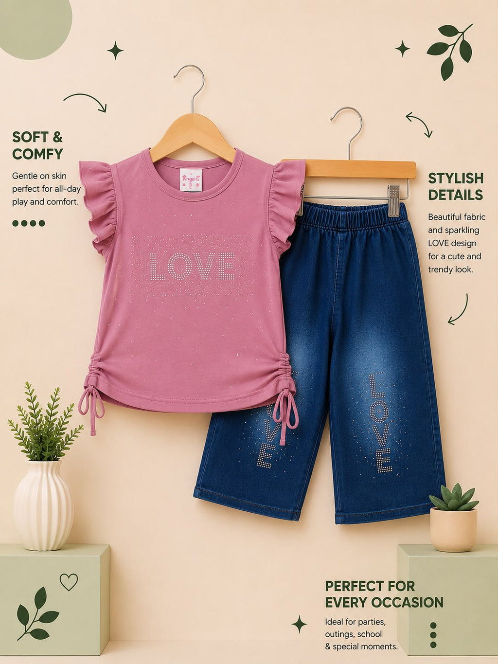 Girls LOVE Rhinestone Top & Denim Capri Set – Soft Cotton Summer Outfit