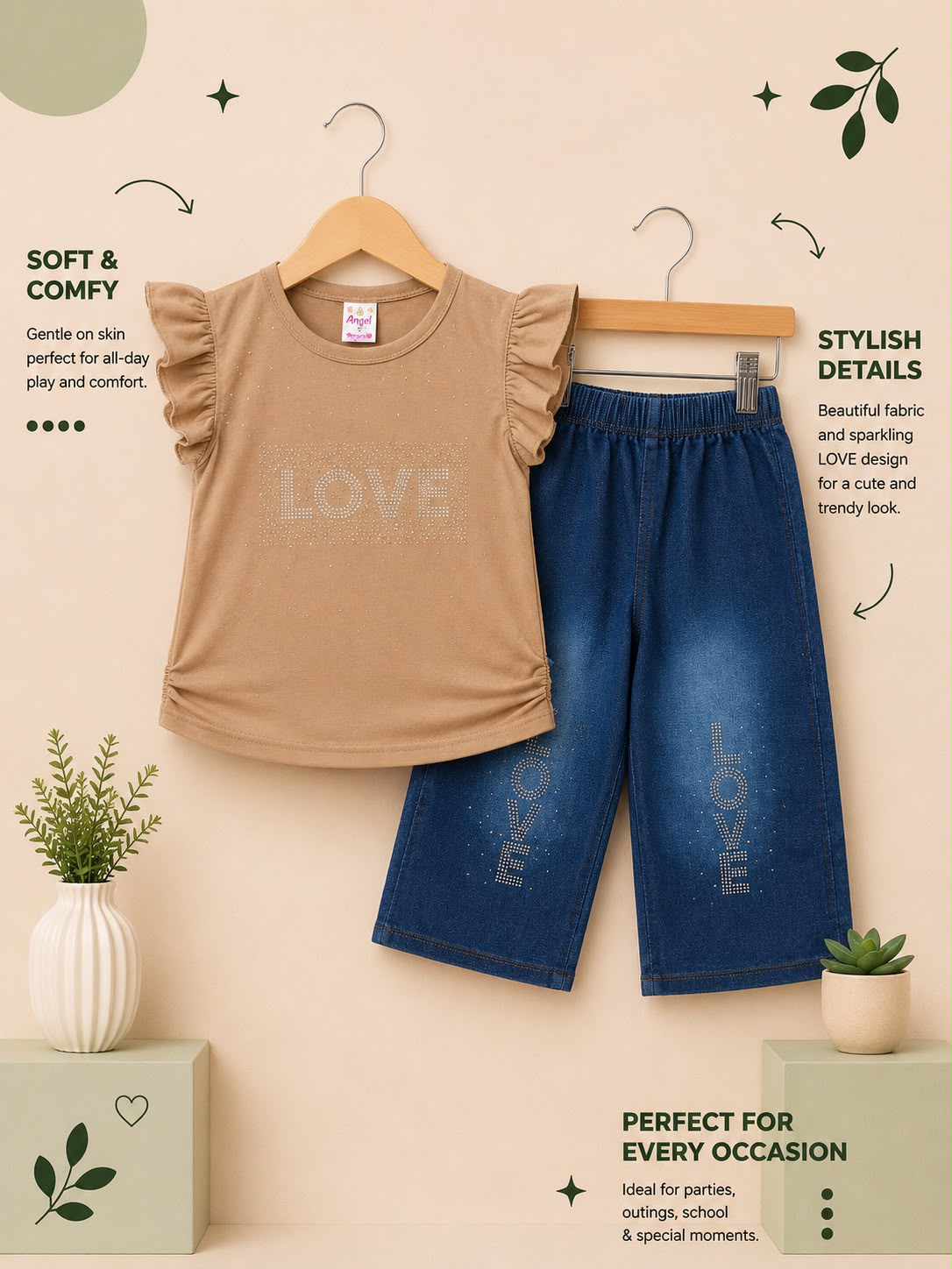 Girls LOVE Rhinestone Top & Denim Capri Set – Soft Cotton Summer Outfit