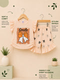 Girls Smile Bow Print Top & Ruffle Shorts Set – Soft Cotton Summer Outfit