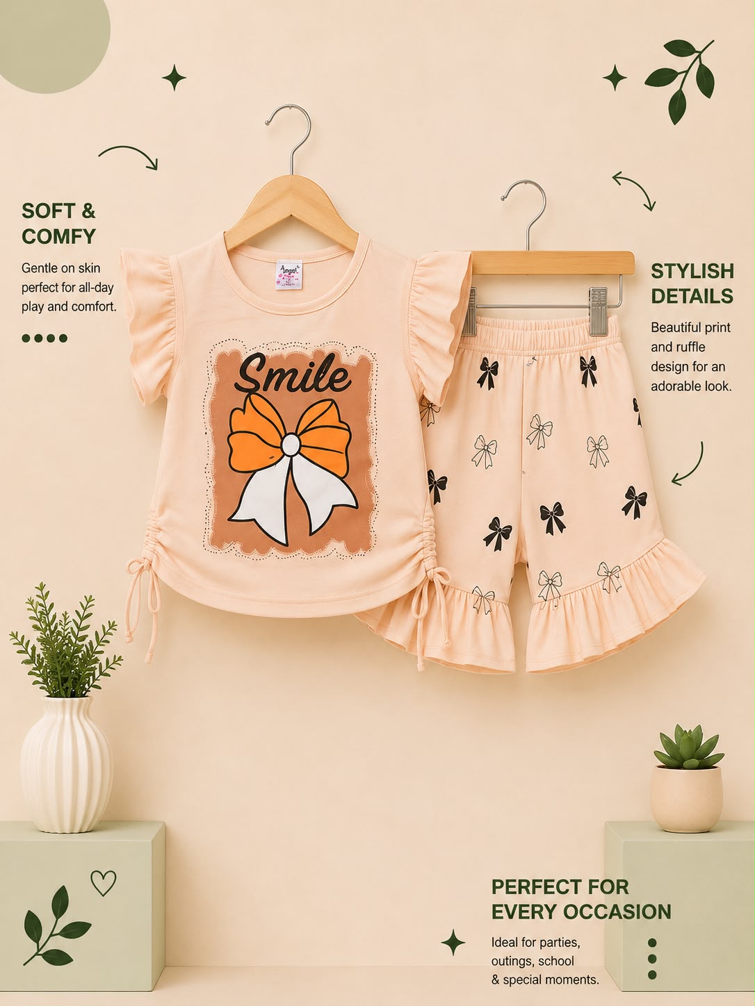 Girls Smile Bow Print Top & Ruffle Shorts Set – Soft Cotton Summer Outfit