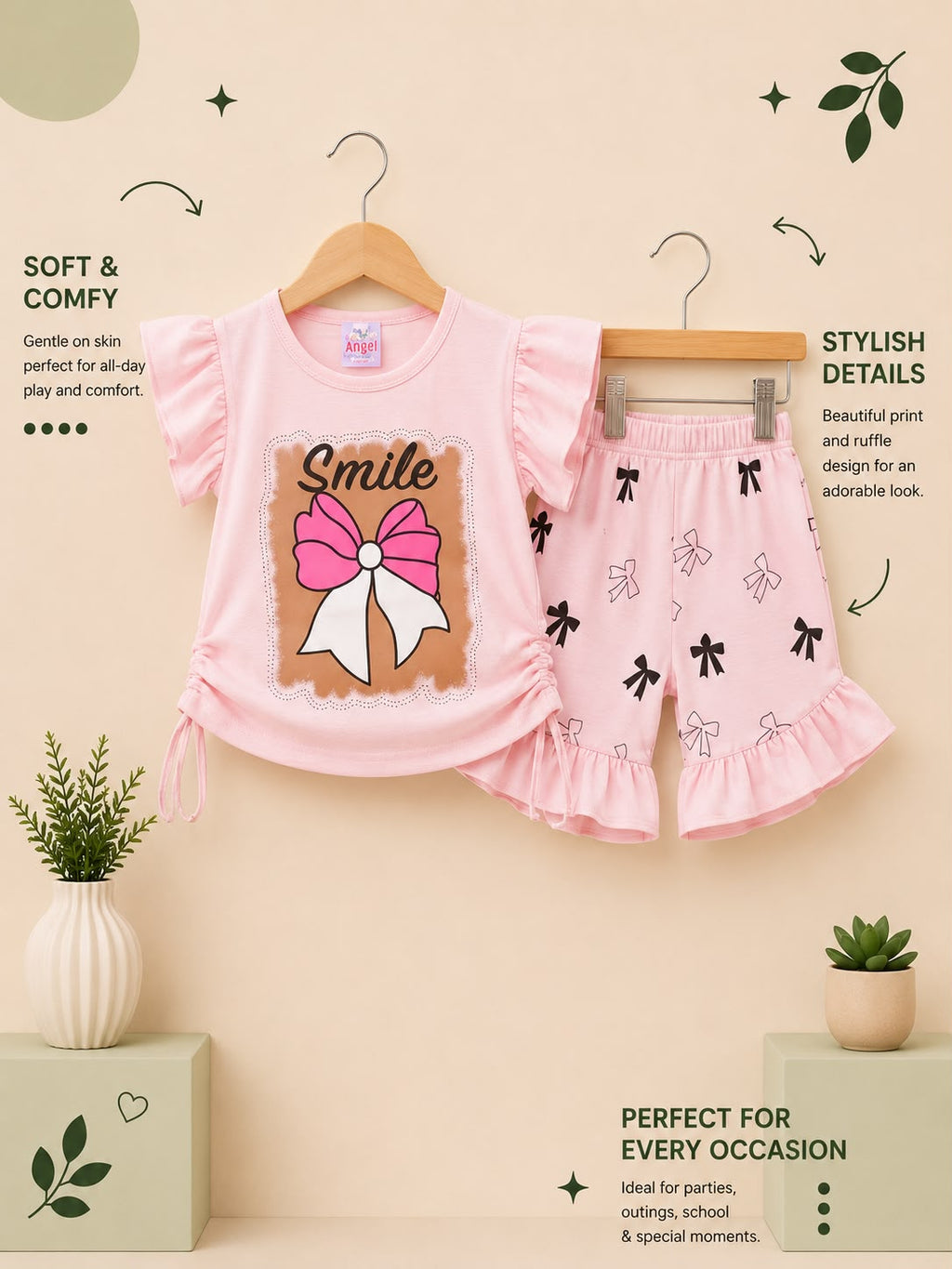 Girls Smile Bow Print Top & Ruffle Shorts Set – Soft Cotton Summer Outfit