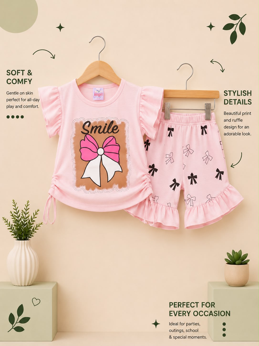 Girls Smile Bow Print Top & Ruffle Shorts Set – Soft Cotton Summer Outfit