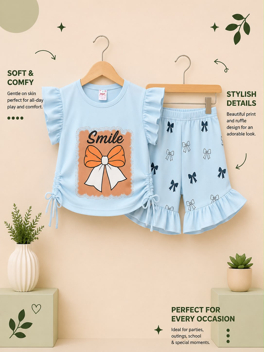 Girls Smile Bow Print Top & Ruffle Shorts Set – Soft Cotton Summer Outfit