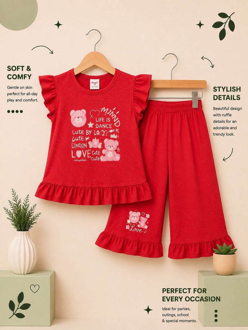 Girls Cute Teddy Bear Ruffle Top with Flared Pants Matching Set