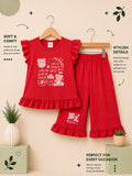 Girls Cute Teddy Bear Ruffle Top with Flared Pants Matching Set