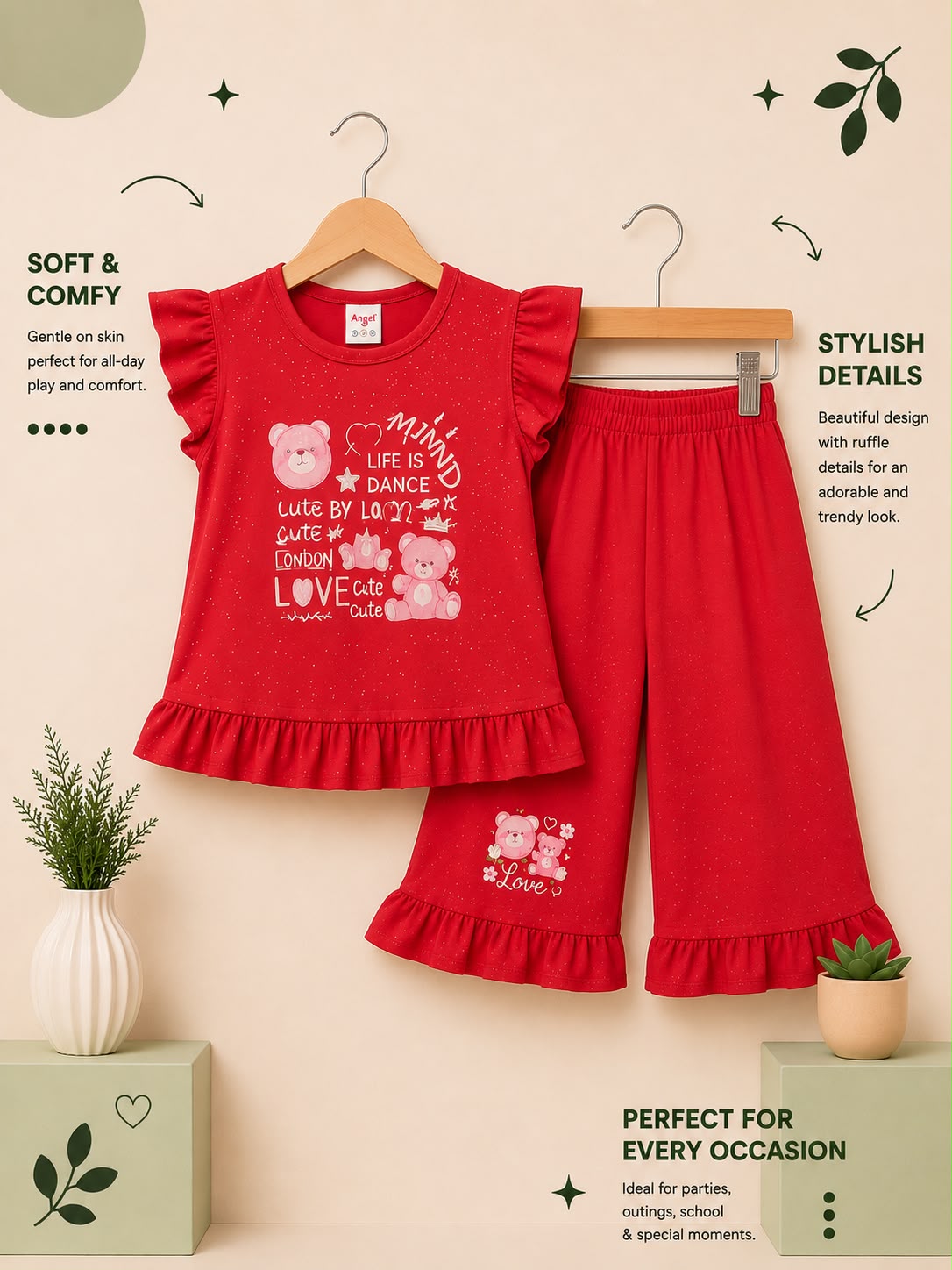 Girls Cute Teddy Bear Ruffle Top with Flared Pants Matching Set