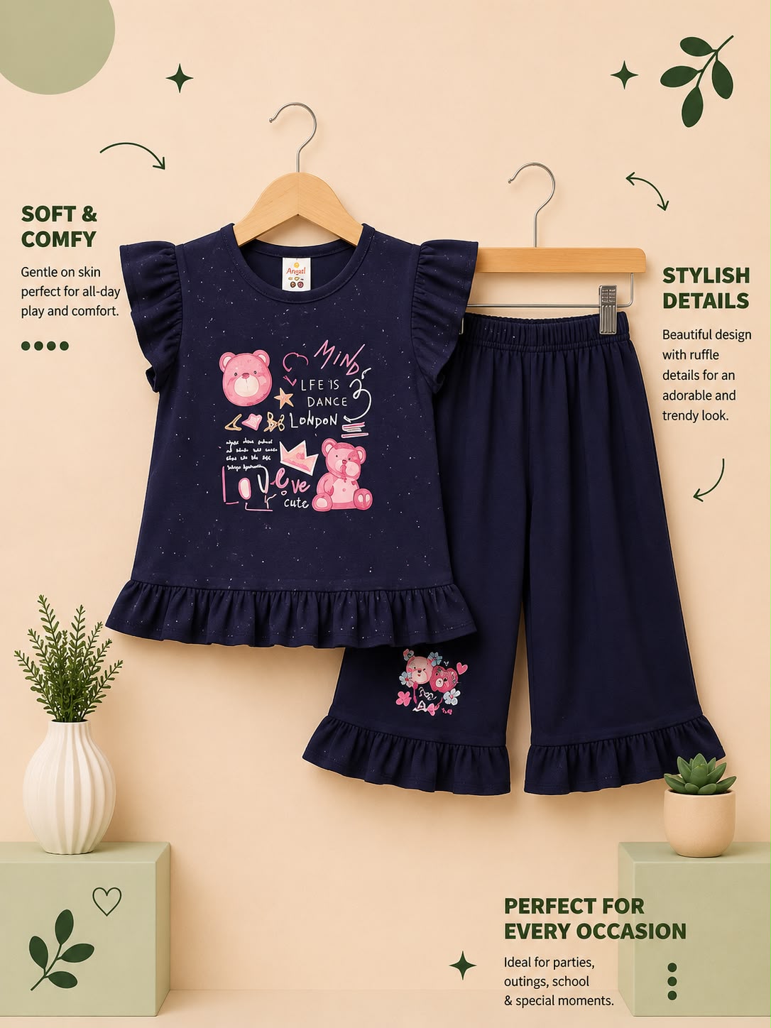 Girls Cute Teddy Bear Ruffle Top with Flared Pants Matching Set