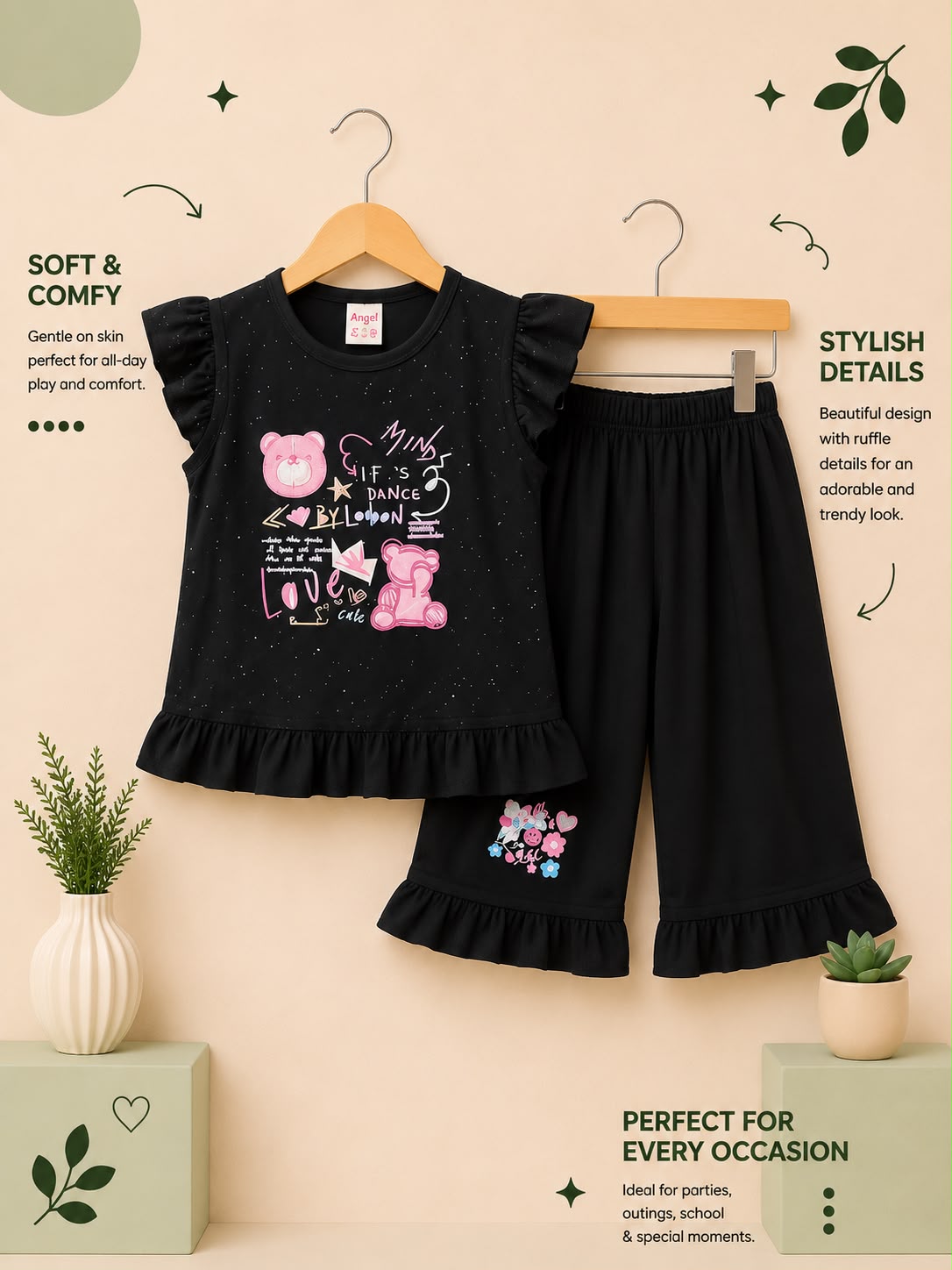 Girls Cute Teddy Bear Ruffle Top with Flared Pants Matching Set