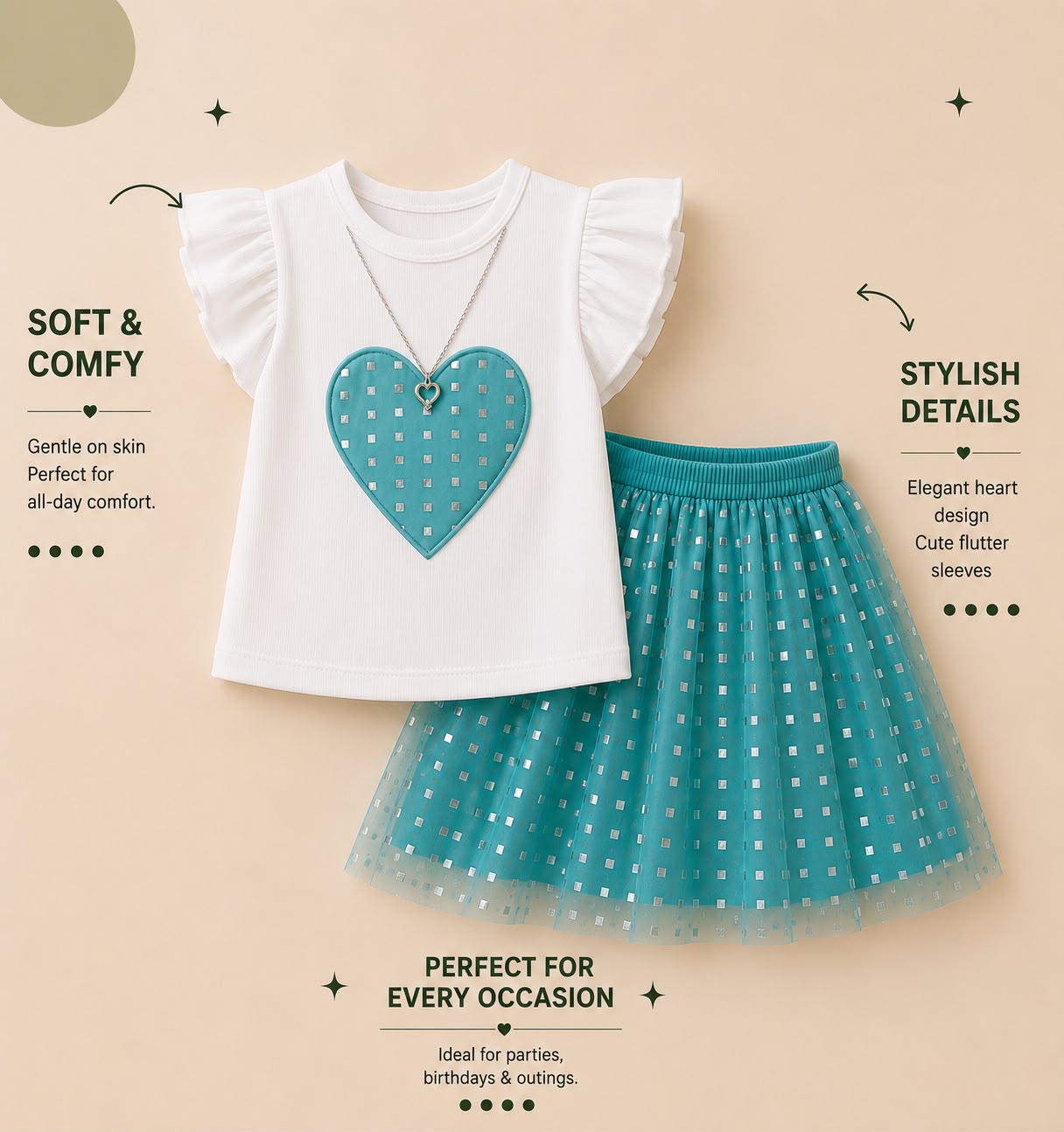 Girls White Heart Top & Aqua Tulle Skirt 2-Piece Party Set