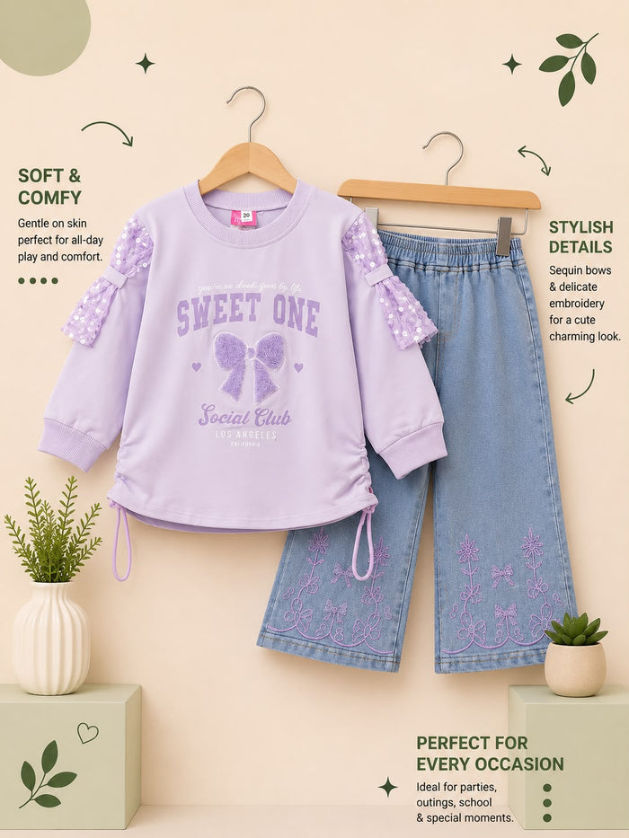 Girls Sweet One Sweatshirt & Embroidered Denim Pants 2-Piece Outfit Set
