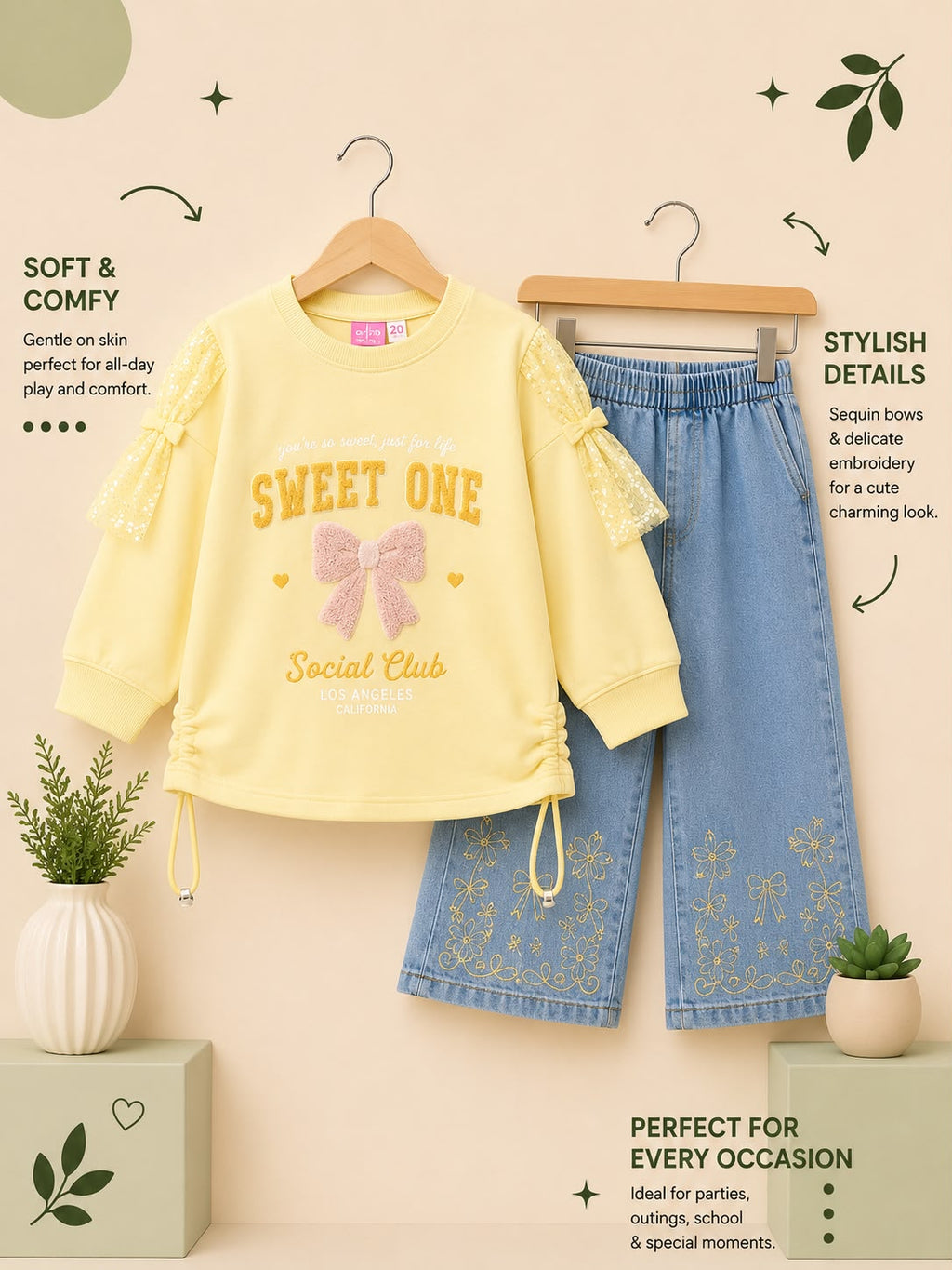 Girls Sweet One Sweatshirt & Embroidered Denim Pants 2-Piece Outfit Set