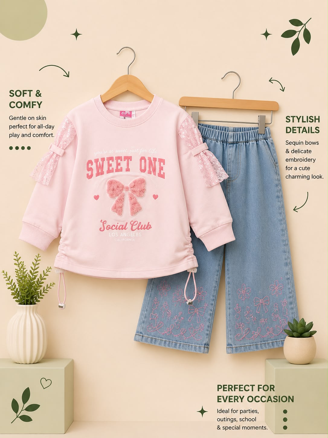 Girls Sweet One Sweatshirt & Embroidered Denim Pants 2-Piece Outfit Set
