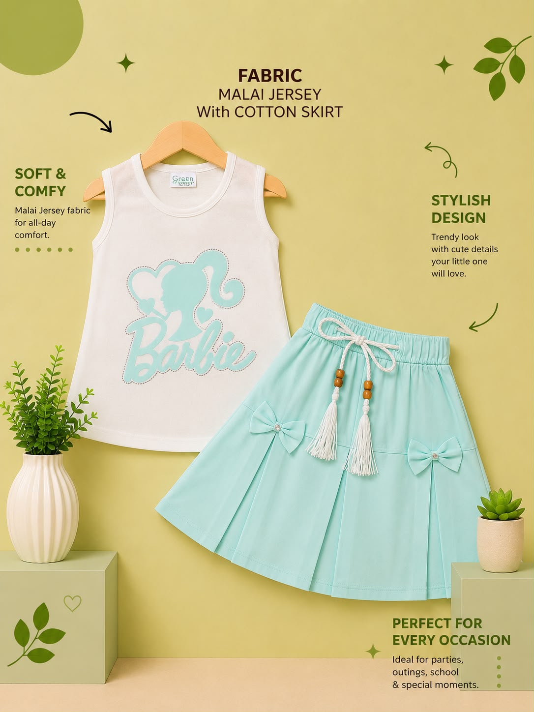 Girls Barbie Print Malai Jersey Top & Cotton Skirt 2-Piece Outfit Set