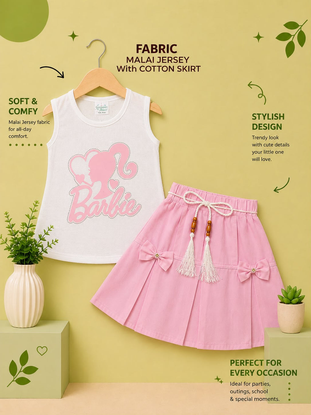 Girls Barbie Print Malai Jersey Top & Cotton Skirt 2-Piece Outfit Set
