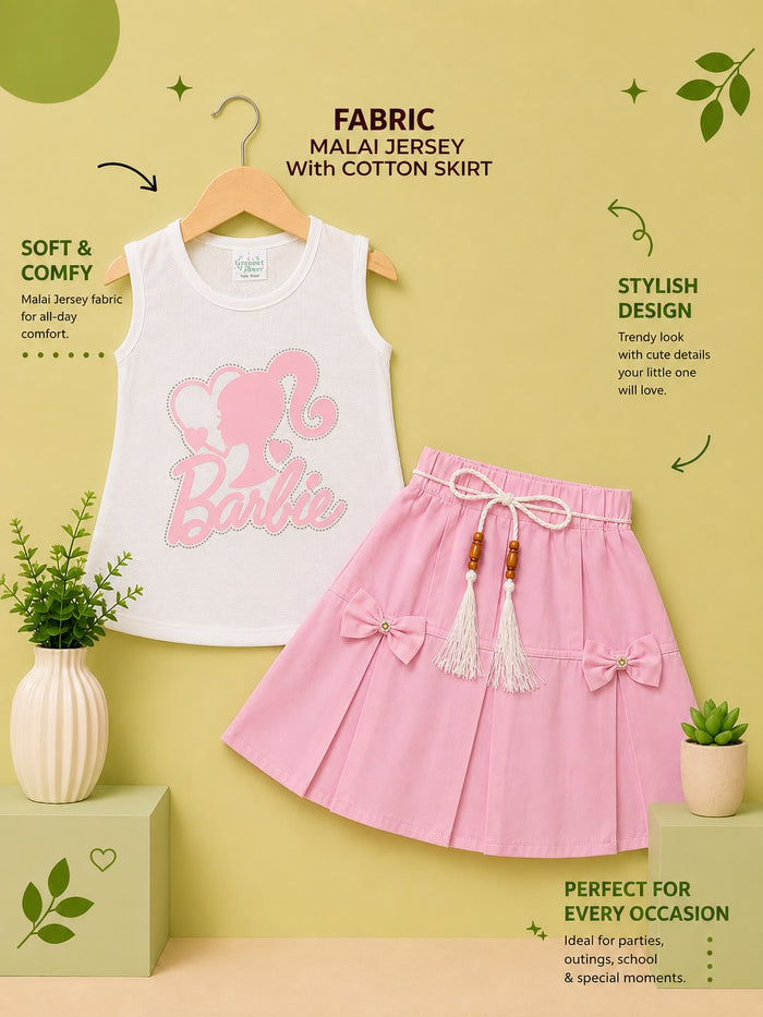 Girls Barbie Print Malai Jersey Top & Cotton Skirt 2-Piece Outfit Set
