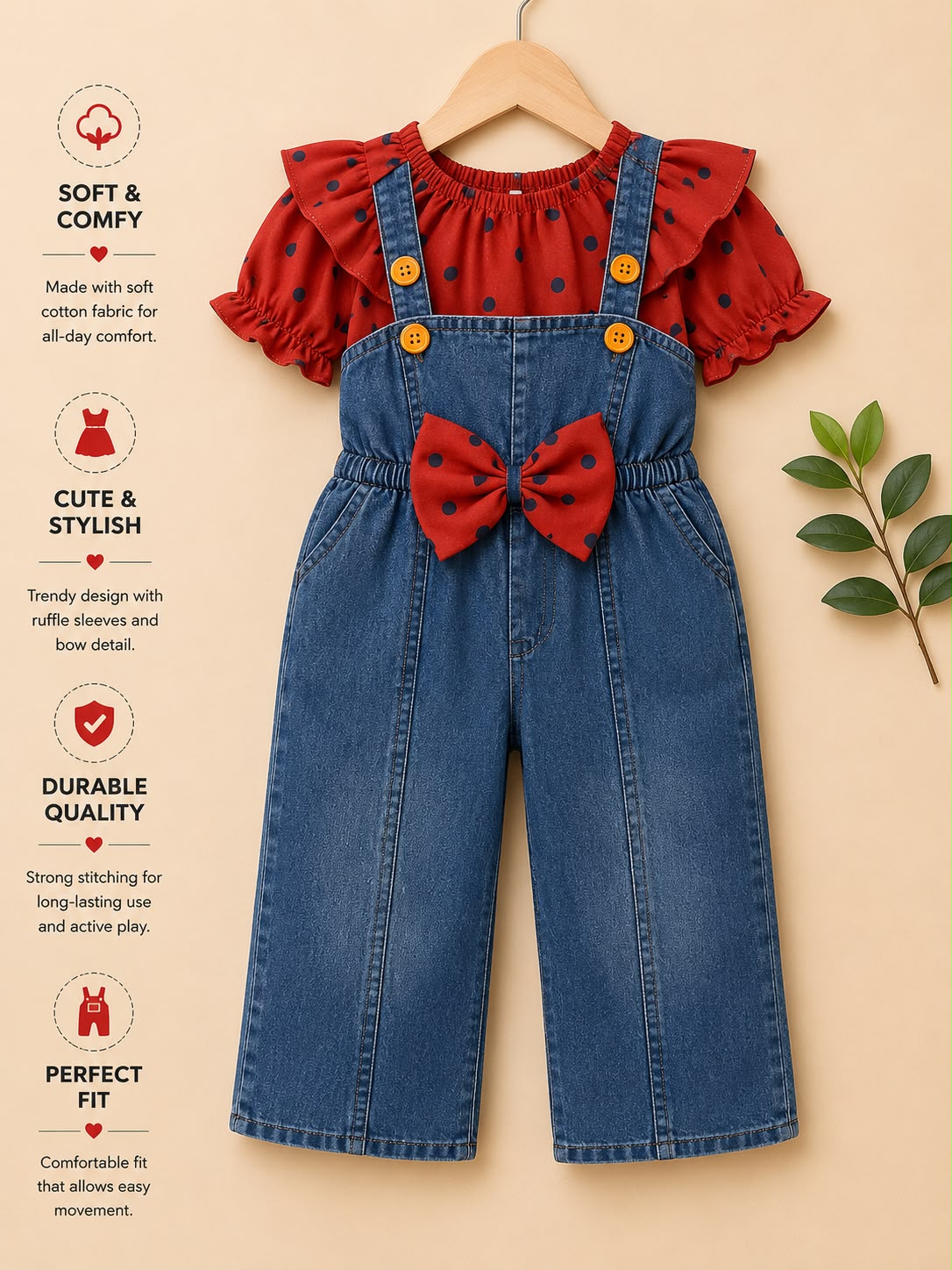 Girls Polka Dot Denim Dungaree Bow Jumpsuit Set | Soft Cotton Casual Outfit