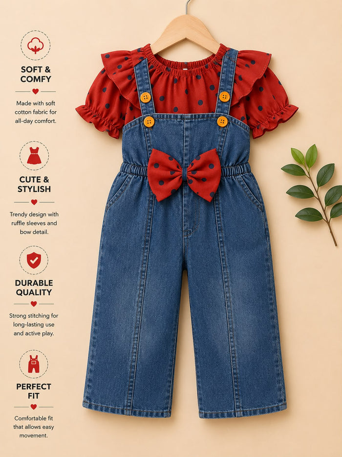 Girls Polka Dot Denim Dungaree Bow Jumpsuit Set | Soft Cotton Casual Outfit