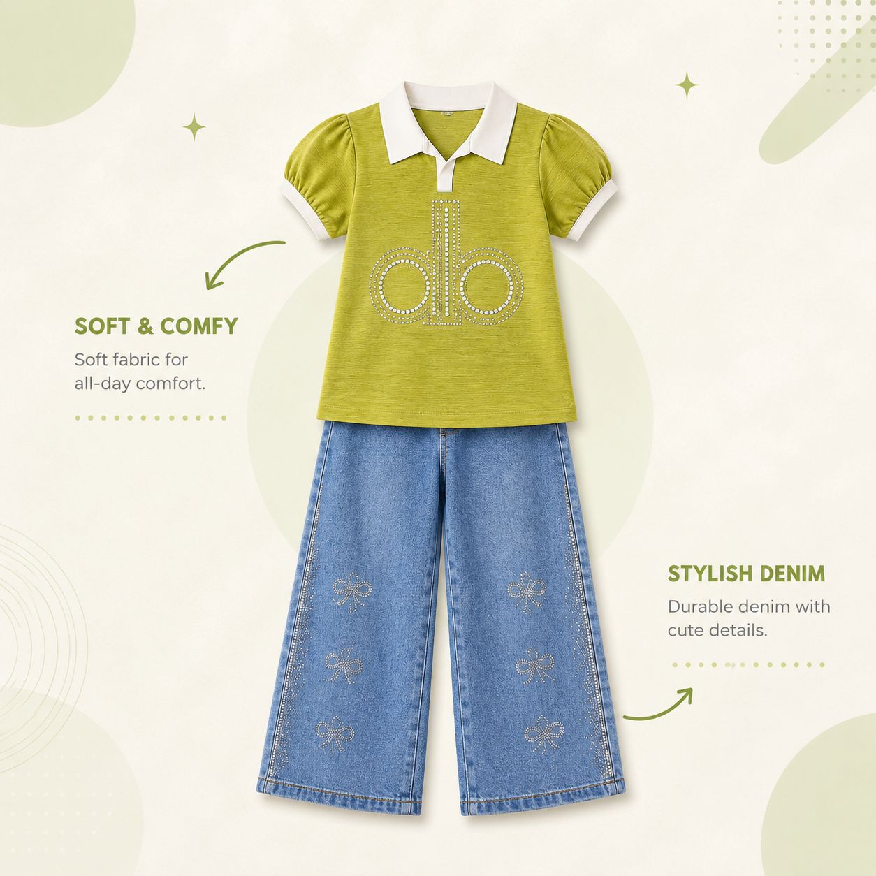 Girls Polo T-Shirt & Wide Leg Denim Pants Set
