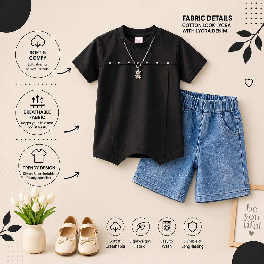 Luxury Girls Cotton Look Lycra Co-Ord Set with Lycra Denim Shorts