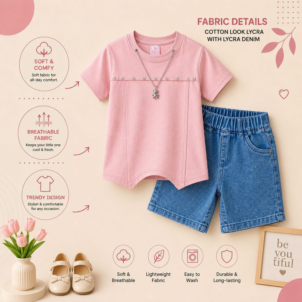 Luxury Girls Cotton Look Lycra Co-Ord Set with Lycra Denim Shorts
